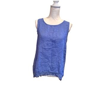 Valentina Naldi Linen Tank Top Medium Blue Made in Italy Fringe Hem Coastal